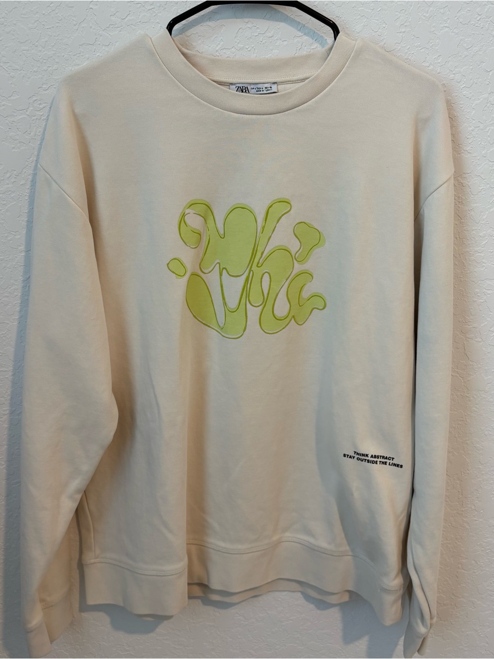 Zara Cream Sweatshirt with Black Text Graphic, Size Large